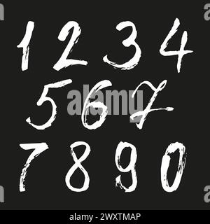 Serie di numeri calligrafici dipinti con pennello bianco su sfondo nero isolato. Lettere per il tuo progetto. Illustrazione vettoriale Illustrazione Vettoriale