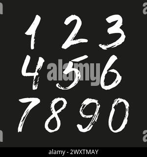 Serie di numeri calligrafici dipinti con pennello bianco su sfondo nero isolato. Lettere per il tuo progetto. Illustrazione vettoriale Illustrazione Vettoriale