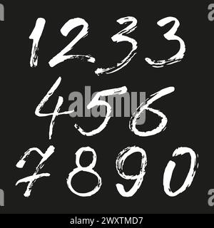 Serie di numeri calligrafici dipinti con pennello bianco su sfondo nero isolato. Lettere per il tuo progetto. Illustrazione vettoriale Illustrazione Vettoriale