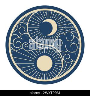 Giorno e notte, sole e luna nelle nuvole, simbolo yin e yang, elementi orientali, vettore Illustrazione Vettoriale