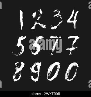 Serie di numeri calligrafici dipinti con pennello bianco su sfondo nero isolato. Lettere per il tuo progetto. Illustrazione vettoriale. Illustrazione Vettoriale