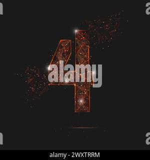 Immagine astratta in arancione isolata di un numero quattro. Le illustrazioni poligonali sembrano stelle nel cielo notturno del pallone in spase o frammenti di vetro volanti Illustrazione Vettoriale