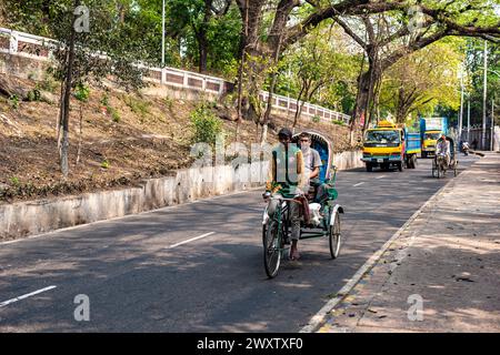 Bangladesh, 02/04/2024, gli alberi sulla splendida strada che collega Tigerpass alla città di Kadmatoli sono stati segnalati per l'abbattimento. L'autorità di sviluppo di Chittagong ha dichiarato che questi alberi saranno tagliati prima della costruzione dell'infrastruttura principale della rampa dopo la prova del suolo. All'inizio del 2021, è stata presa un'iniziativa per costruire un ospedale a CRB, un luogo circondato da bellezze naturali e vegetazione. Ma la società civile ha protestato contro di essa. Di fronte alle proteste della società civile, l'ospedale non è stato aperto. (Foto di M.. Zakir Hossain/Pacific Press) Foto Stock