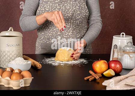 Fotografia gastronomica della cottura della torta di mele, dessert americano; impasto crudo; farina; cannella; dolciumi; panetteria; cottura; pasticceria Foto Stock