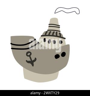 Nave disegnata a mano - icona vettoriale per bambini isolata. L'illustrazione vettoriale può essere utilizzata per la doccia del bambino in stile nautico, poster o schede. Illustrazione Vettoriale