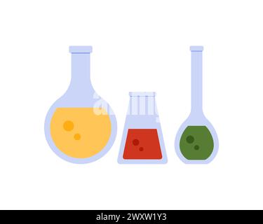 Set di matracci per sostanze chimiche, becher da laboratorio e provette per analisi in vetro con illustrazione del vettore di sostanze tossiche Illustrazione Vettoriale