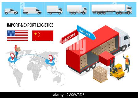 Isometric Shipping, Logistic Systems, Cargo Transport. Trasporto di camion merci, consegna, scatole. Consegna rapida o trasporto logistico. Consegna e. Illustrazione Vettoriale