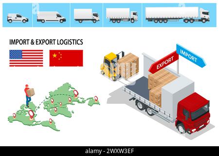 Isometric Shipping, Logistic Systems, Cargo Transport. Trasporto di camion merci, consegna, scatole. Illustrazione Vettoriale