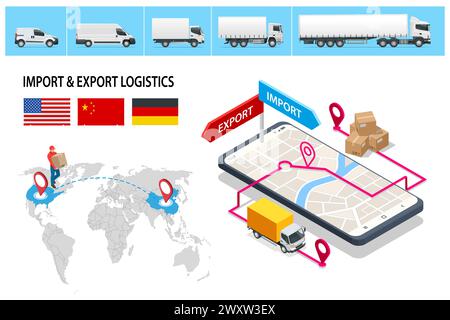 Isometric Shipping, Logistic Systems, Cargo Transport. Trasporto di camion merci, consegna, scatole. Consegna rapida o trasporto logistico. Consegna e. Illustrazione Vettoriale