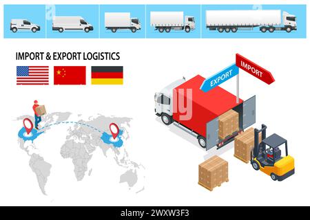 Isometric Shipping, Logistic Systems, Cargo Transport. Trasporto di camion merci, consegna, scatole. Consegna rapida o trasporto logistico. Consegna e. Illustrazione Vettoriale