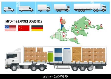 Isometric Shipping, Logistic Systems, Cargo Transport. Grande semiveicolo commerciale con rimorchio. Trasporto di camion merci, consegna, scatole. Consegna Illustrazione Vettoriale