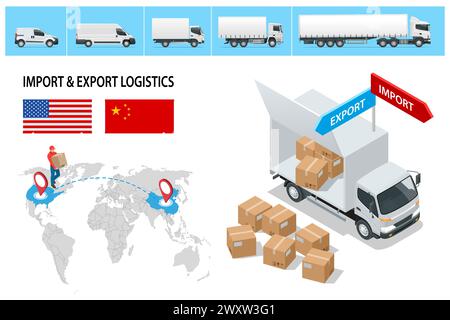 Isometric Shipping, Logistic Systems, Cargo Transport. Trasporto di camion merci, consegna, scatole. Consegna rapida o trasporto logistico. Consegna e. Illustrazione Vettoriale