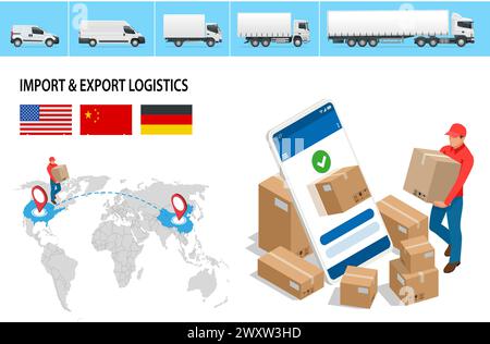 Isometric Shipping, Logistic Systems, Cargo Transport. Trasporto di camion merci, consegna, scatole. Consegna rapida o trasporto logistico. Consegna e. Illustrazione Vettoriale