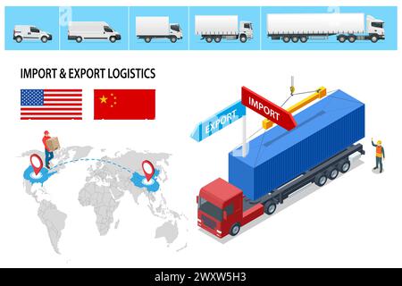 Isometric Shipping, Logistic Systems, Cargo Transport. Trasporto di camion merci, consegna, scatole. Consegna rapida o trasporto logistico. Consegna e. Illustrazione Vettoriale