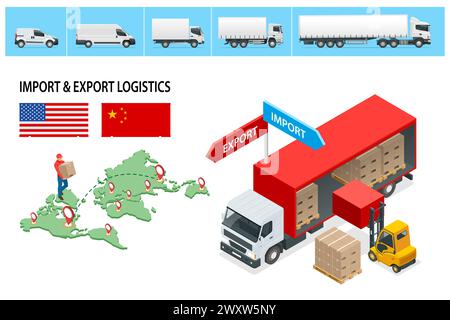 Isometric Shipping, Logistic Systems, Cargo Transport. Trasporto di camion merci, consegna, scatole. Consegna rapida o trasporto logistico. Consegna e. Illustrazione Vettoriale