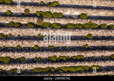 Le alette del tetto sono danneggiate e necessitano di riparazione Foto Stock