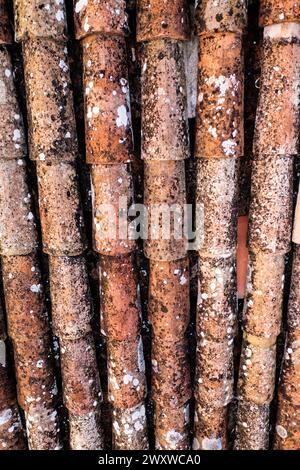 Le alette del tetto sono danneggiate e necessitano di riparazione Foto Stock