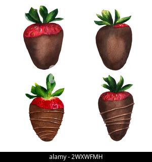 Set di quattro fragole in cioccolato disegnate con acquerello isolato su sfondo bianco per carte, motivi, etichette, inviti, volantini, menu. Foto Stock
