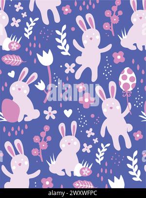 Motivo senza cuciture con fiori e foglie e simpatici coniglietti. File vettoriale per i progetti. Illustrazione Vettoriale