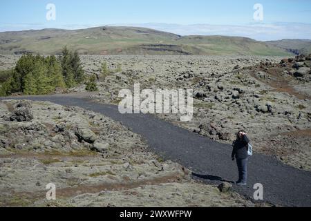 Una donna viaggiatrice nel campo di lava di Eldhraun, nel sud dell'Islanda Foto Stock