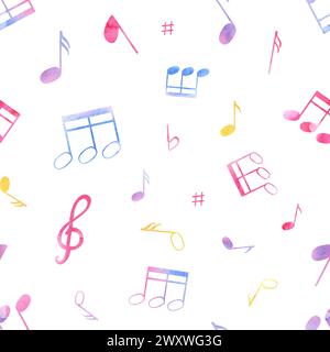 Note musicali astratte. Motivo senza cuciture. Simboli di nota multicolore. Atmosfera musicale carina. Audio, segnale, registrazione vocale. Illustrazione acquerello Foto Stock