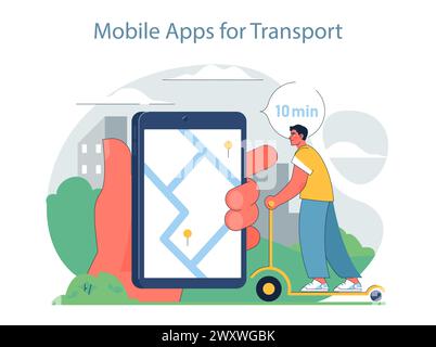 Concetto Mobile Apps for Transport. Utente con scooter che controlla il percorso sull'app di navigazione. Soluzioni digitali per la mobilità urbana. Illustrazione Vettoriale