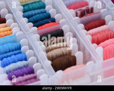 Scatola di selezione in plastica piena di bobine con filettature ricamate di diversi colori. Primo piano Foto Stock