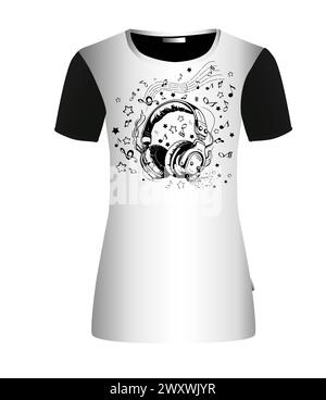 Design musicale. Musica astratta. Cuffie e note. Stampa di T-shirt. disegno a mano. Non IA. Illustrazione vettoriale Illustrazione Vettoriale
