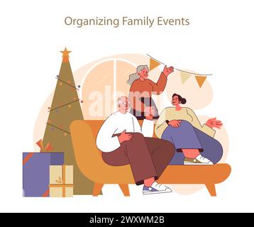 Organizzazione di eventi familiari. Anziani dal cuore caldo che preparano una festa a casa, incarnando lo spirito natalizio. Festeggiamo insieme durante le occasioni speciali. Illustrazione Vettoriale