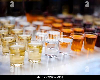 Assortimento di bevande alcoliche forti, liquori duri, alcolici e distillati in bicchieri: Vodka, cognac, whisky e altro. Spazio di copia su carta chiaro. ALC Foto Stock