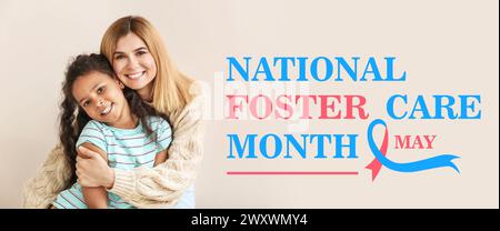 Banner per il mese della National Foster Care con donna felice e piccola ragazza afroamericana Foto Stock