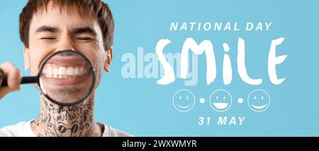 Striscione per il National Smile Day con un giovane tatuato che mostra i suoi denti attraverso una lente di ingrandimento Foto Stock