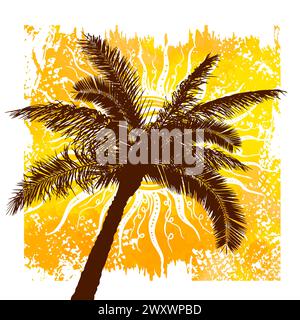 Palme su sfondo giallo. Poster del campo estivo di Buongiorno. disegno a mano. Non IA. Illustrazione vettoriale Illustrazione Vettoriale