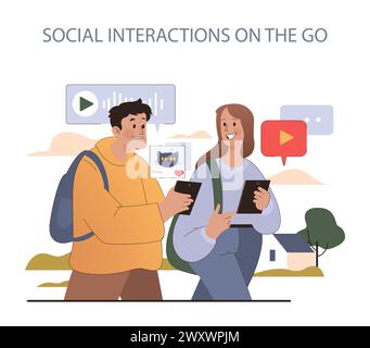 Concetto di interazioni sociali in movimento. I giovani condividono contenuti e si connettono digitalmente mentre si divertono nella vita all'aria aperta della città. Coinvolgimento dei social media senza interruzioni. Illustrazione Vettoriale