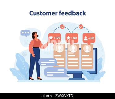 Feedback del cliente nel set coinvolgimento del cliente. Un concetto visivo di una donna che analizza le recensioni e le valutazioni dei clienti per migliorare la qualità e la soddisfazione del servizio. Illustrazione Vettoriale