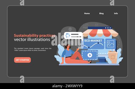 Concetto di pratiche di sostenibilità. Promuovere un retail ecocompatibile tramite piattaforme digitali. Esperienza di shopping sostenibile nella moderna tecnologia retail. Illustrazione vettoriale piatta. Illustrazione Vettoriale