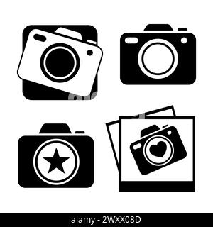 Fotografo con l'icona della fotocamera nell'aria con l'ombra. Con set di icone per fotografi: Otturatore, fotocamera, foto, fotografi, flash, t Illustrazione Vettoriale