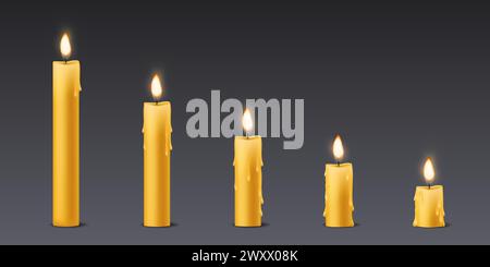 Fasi di combustione candele impostate. Elementi isolati realistici per l'animazione. Candele naturali, luce della cera, fuoco tremolante. Paraffina bruciata. Chiesa e spa Illustrazione Vettoriale