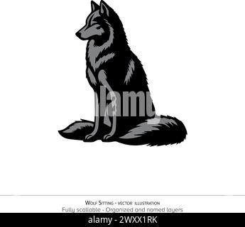 Illustrazione vettore Wolf in posizione seduta - bianco e nero, isolato su sfondo trasparente Illustrazione Vettoriale