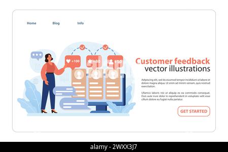 Feedback del cliente nel set coinvolgimento del cliente. Un concetto visivo di una donna che analizza le recensioni e le valutazioni dei clienti per migliorare la qualità e la soddisfazione del servizio. Illustrazione Vettoriale