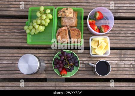 assortimento ben organizzato di prodotti alimentari su superfici in legno, picnic all'aperto. concetti: mangiare sano, fare picnic, preparare le uscite Foto Stock