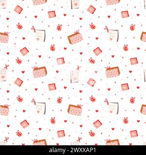 Simpatici regali a cartoni animati e lettera con cuore e fiori di rosa, romantico e delizioso motivo vettoriale senza cuciture Illustrazione Vettoriale