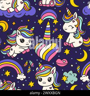 Simpatico motivo Unicorni Cartoon senza cuciture. Unicorn Animal e Arcobaleno. Compleanno dei bambini e Baby Shower Love Vector Illustrazione Vettoriale