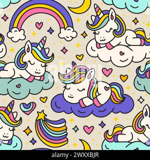 Simpatico motivo Unicorni Cartoon senza cuciture. Unicorn Animal Sleeping on a Cloud and Rainbow. Compleanno dei bambini e Baby Shower Vector Illustrazione Vettoriale