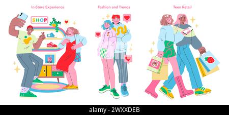 Esperienza retail per adolescenti. Giovani amanti dello shopping, adolescenti che esplorano le tendenze del negozio e della moda. Cattura i momenti più belli, condividi lo stile e goditi lo shopping. Illustrazione vettoriale. Illustrazione Vettoriale