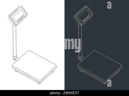 Illustrazioni vettoriali stilizzate di progetti isometrici di bilancia industriale Illustrazione Vettoriale
