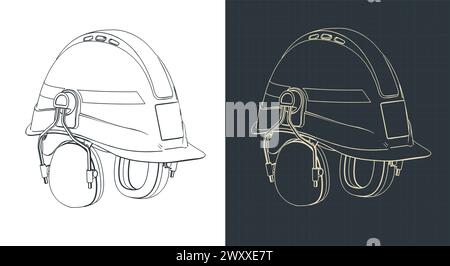 Illustrazioni vettoriali stilizzate di progetti isometrici di elmetto di sicurezza industriale con cuffie antirumore Illustrazione Vettoriale