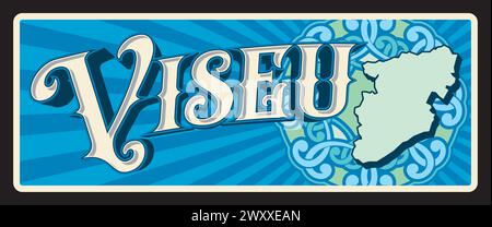 Viseu provincia portoghese, placca vettoriale in latta Portogallo con sagoma della mappa del distretto. Cartello con il cartello con motivo a piastrelle azulejo. Città e comune di Viseu nella regione Centro del Portogallo Illustrazione Vettoriale