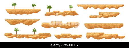 Palma da gioco arcade a 8 bit con pixel art, dune di sabbia e piattaforme Oasis, risorse dell'ambiente dell'interfaccia utente vettoriale. Retro 2d videogioco piattaforme di salto galleggianti, isole di spiaggia esotiche e blocchi di deserto con alberi tropicali Illustrazione Vettoriale