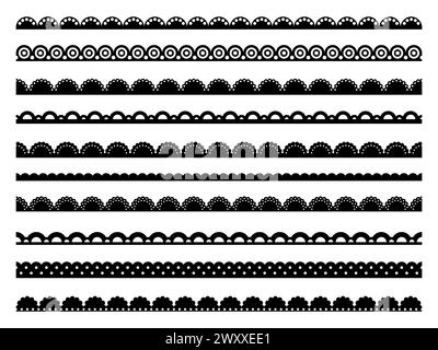Bordi in pizzo, cornici e divisori, nastri in spugna, set di motivi in tessuto. Linee nere profilo vettoriale con motivo ondulato senza cuciture, pizzo a uncinetto floreale, cinturino in tessuto con occhielli Illustrazione Vettoriale